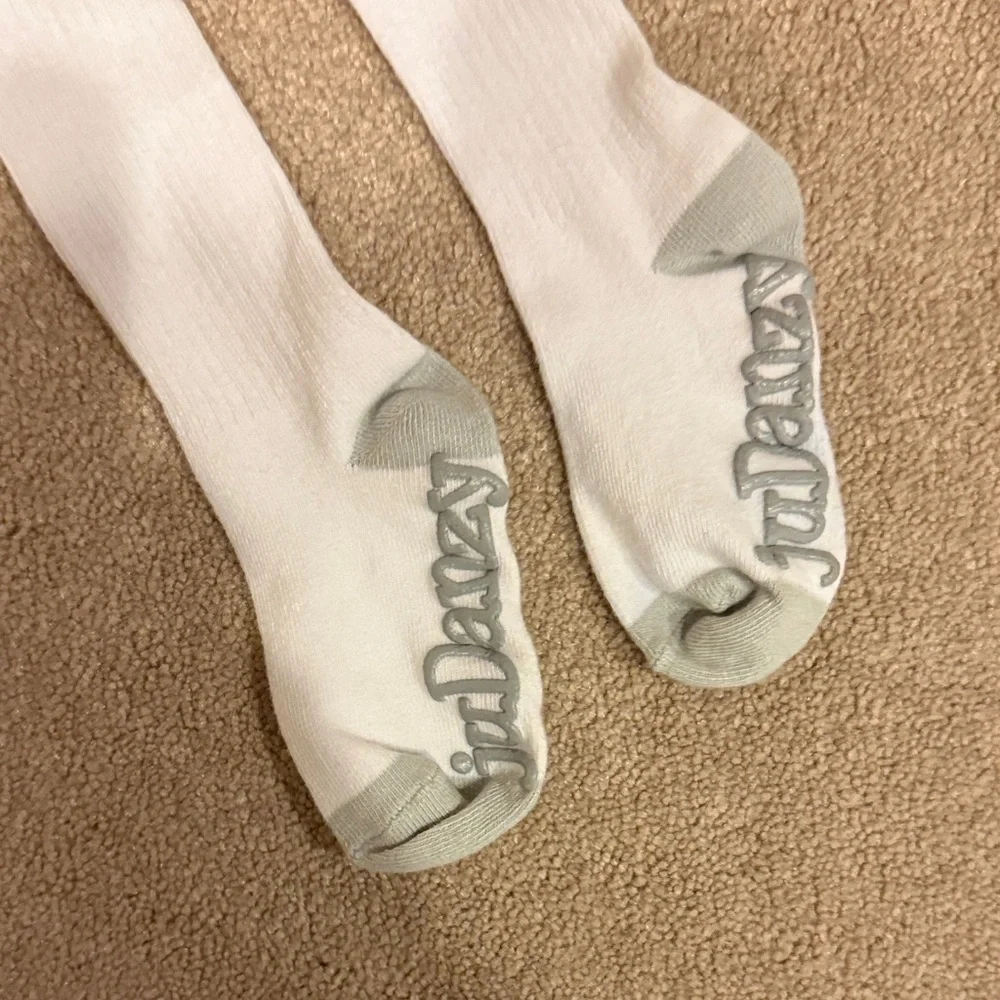 Danzy White and Gray Athletic Socks. Long socks. Written both sides. EUC